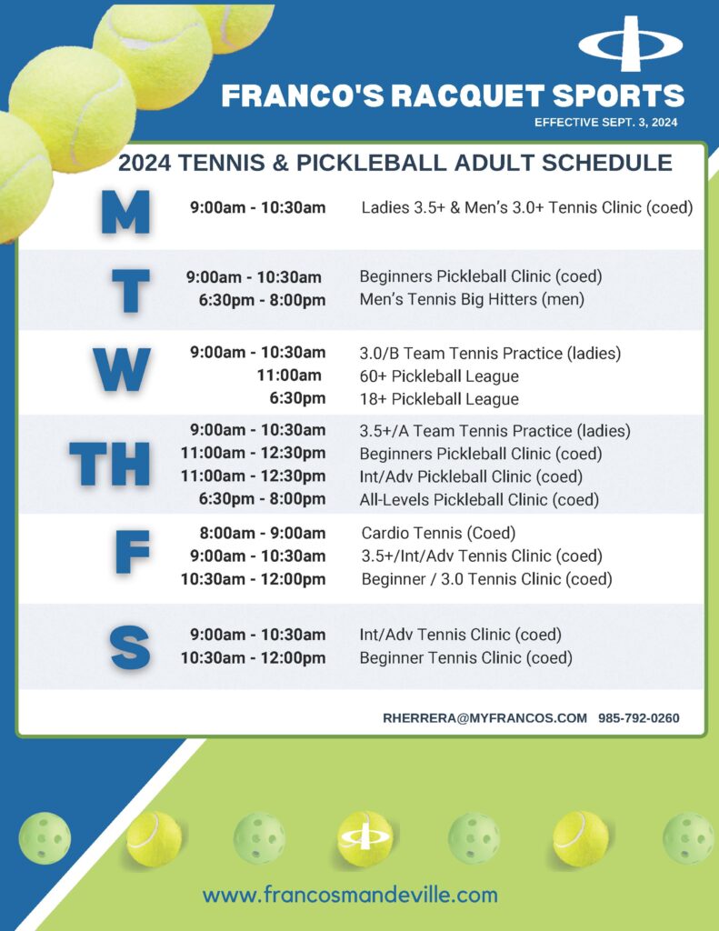 Francos Tennis and Pickleball Adult Schedule 2024 (effective September 3, 2024)