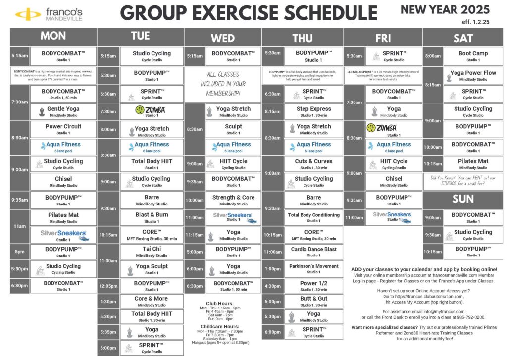 Group Exercise Schedule NEW YEAR 2025